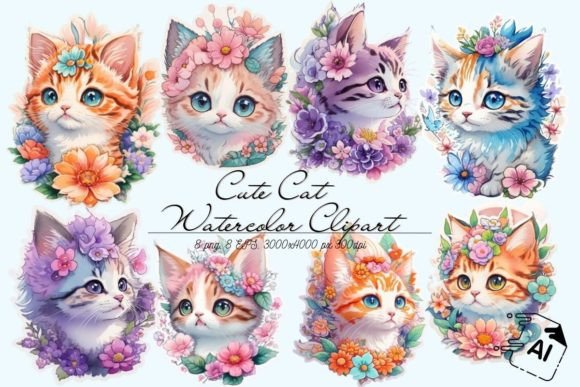 Download Cat &amp; Flowers Watercolor Stickers Vector - Flower Collection