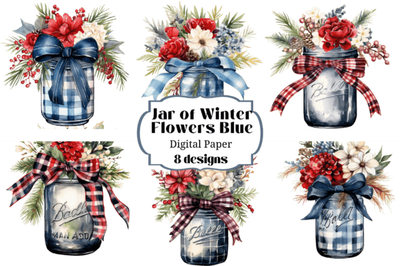Download Mason Jar Blue Watercolor Winter Flowers - Flower Collection