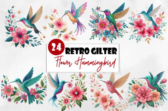 Download Retro Gilter Flower Hummingbird Clipart - Flower Collection