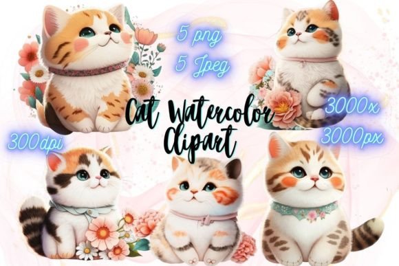 Download Cat &amp; Flowers Watercolor Stickers - Flower Collection
