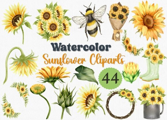 Download Watercolor Sunflower Clipart Set, 44 PNG - Flower Collection
