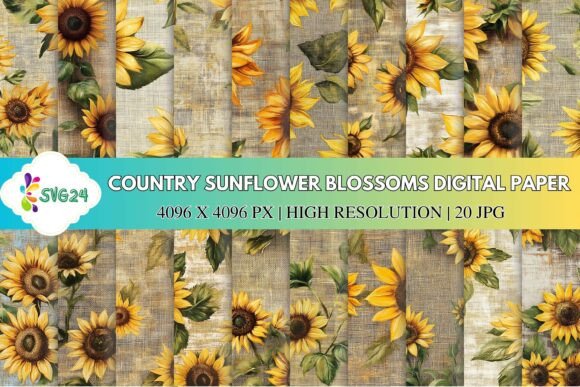 Download Country Sunflower Blossoms Digital Paper - Flower Collection