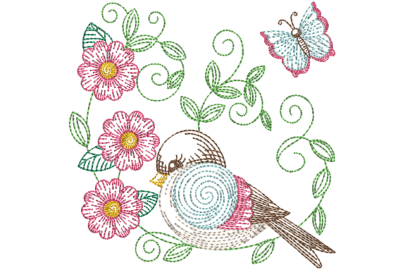 Download Spring Bird and Flowers Embroidery File - Flower Collection