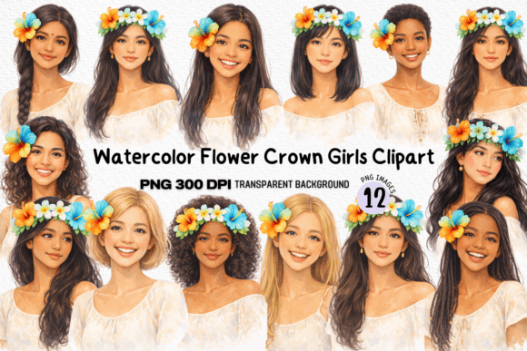 Download Watercolor Flower Crown Girls Clipart - Flower Collection
