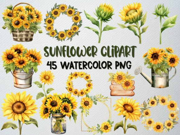 Download Watercolor Sunflower Clipart Set, 45 PNG - Flower Collection